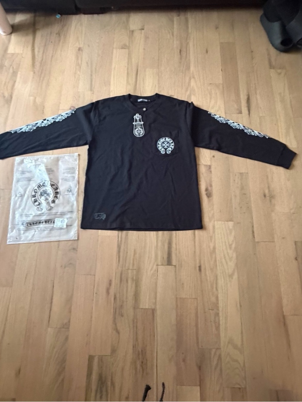 Chrome Hearts Black Long Sleeve Tee with White Sleeve & Chest Graphics